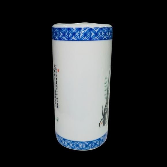 Antique Vintage Chinese Porcelain Brush Pot /Vase with Calligraphy Floral Design - Picture 10 of 13